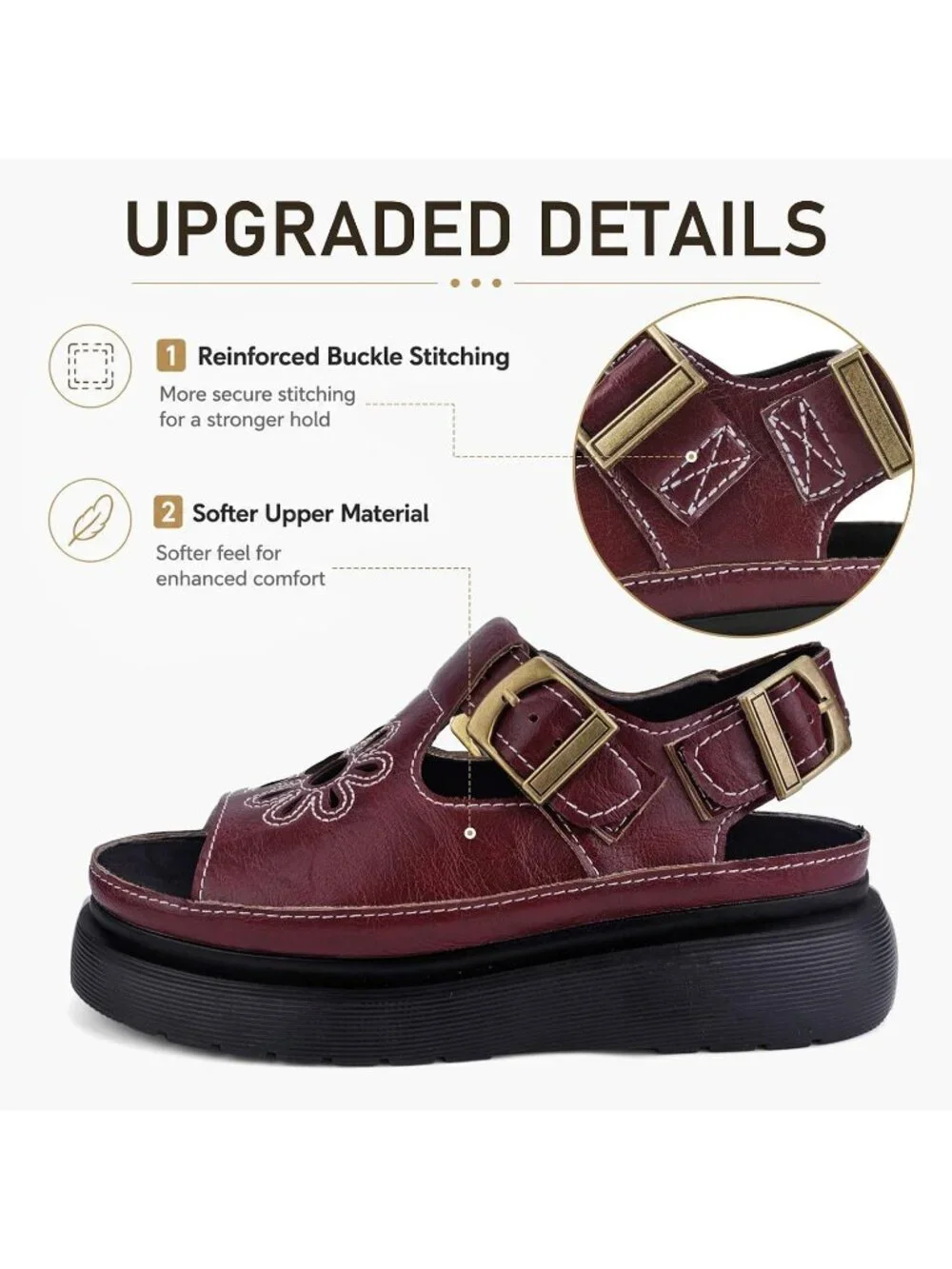 Women's Burgundy Flat Open Toe Flower Decoration Fisherman Platform Sandal Shoes